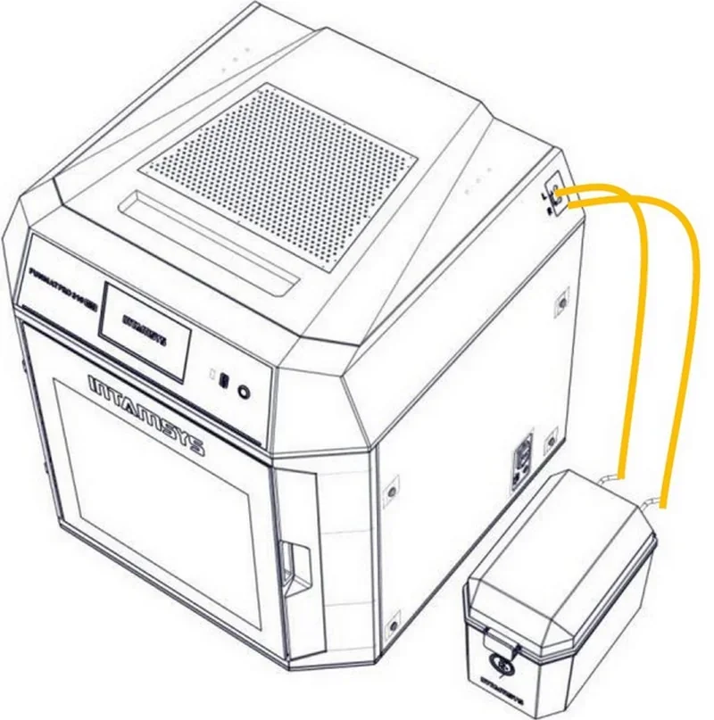 Intamsys Funmat Pro 310 3D printer sketch with dual feed tubes, external filament container, and branding displayed on the front panel.