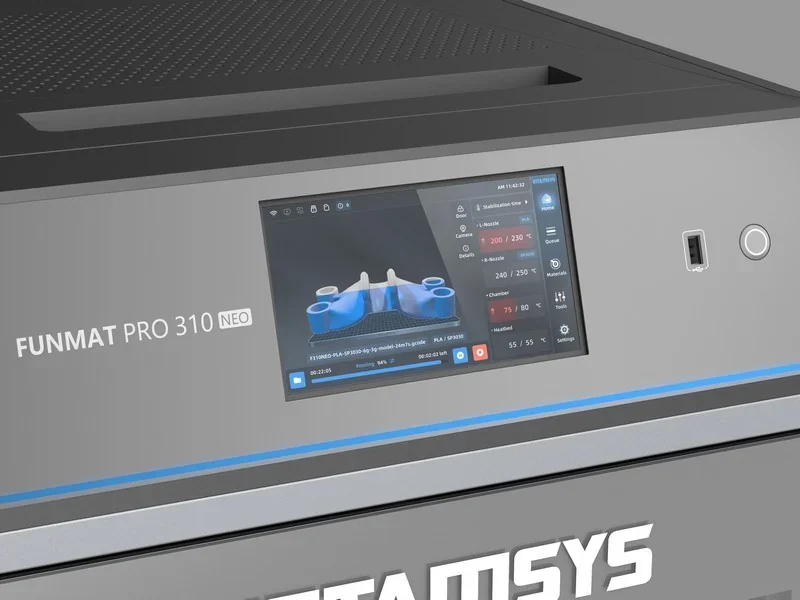 Intamsys Funmat Pro 310 3D printer with touchscreen showing a sample print in progress; sleek design with branding visible.