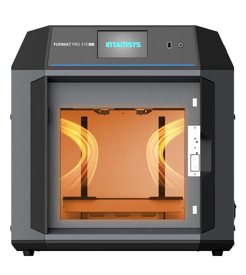 INTAMSYS Funmat Pro 310 3D printer with gray exterior, visible orange interior lighting, and branding on top panel.