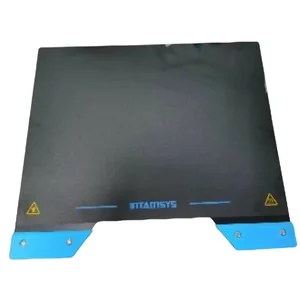 Intamsys Funmat Pro 310 print bed with black surface, blue edges, and branded logo, designed for precise 3D printing.