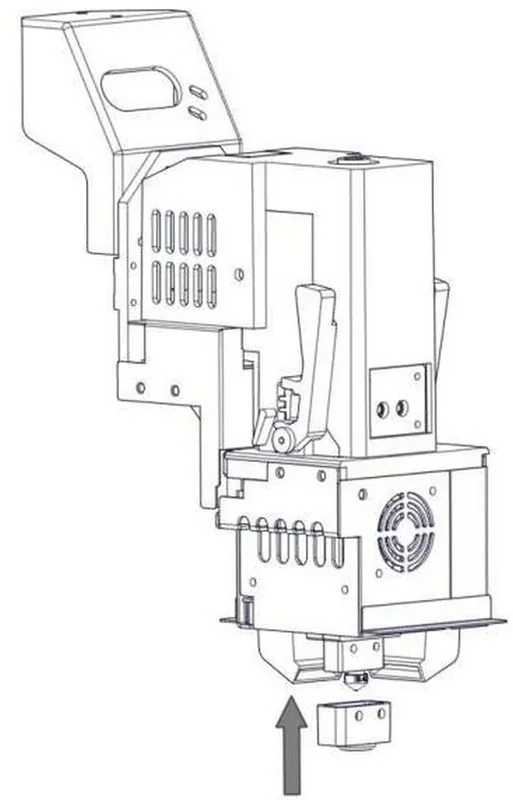Technical diagram of the Intamsys Funmat Pro 310 3D printer component, showing detailed mechanical parts and an arrow indicating assembly direction.