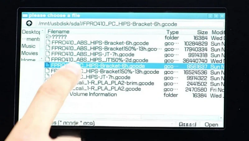 Touchscreen interface of Intamsys Funmat Pro 410 showing a list of gcode files for 3D printed parts, highlighting the file selection process.
