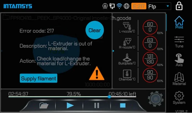 Intamsys Funmat Pro 410 screen displaying error code for L-Extruder out of material, with supply filament option and various temperature readings.