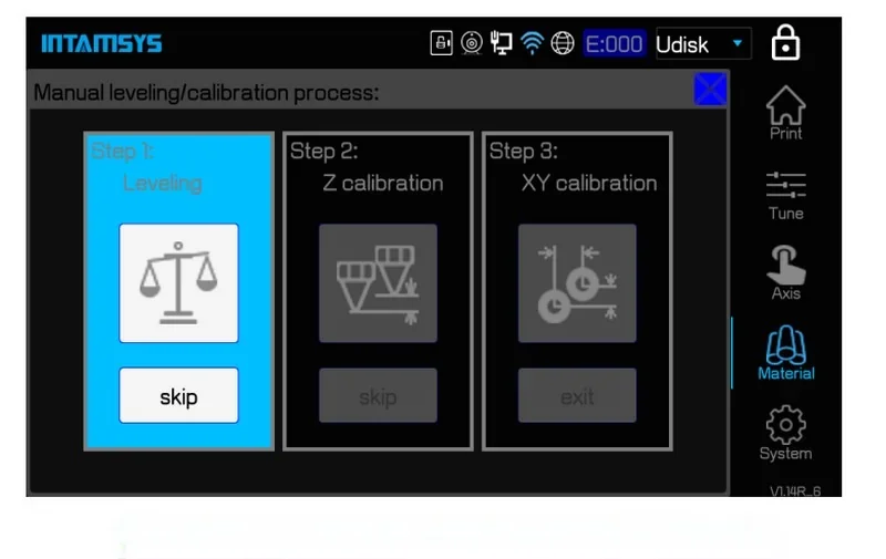 INTAMSYS Funmat Pro 410 interface showing manual leveling, Z calibration, and XY calibration steps for precise 3D printing setup.