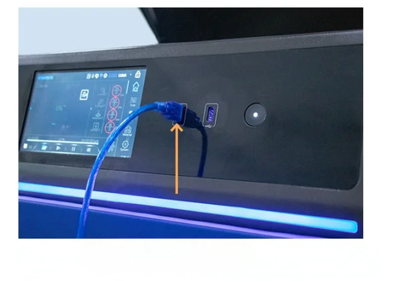 Intamsys Funmat Pro 410 control panel with touchscreen, blue USB cable connected, and branding visible.