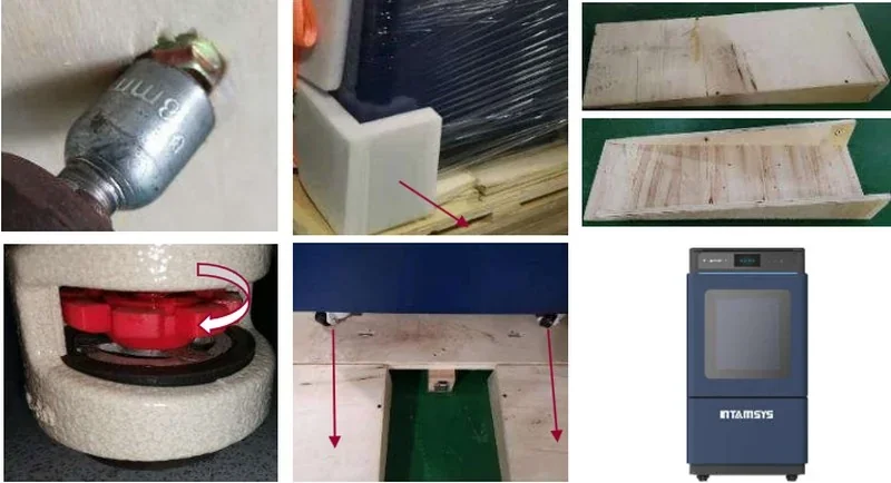 Intamsys Funmat Pro 410 with labeled 3D-printed parts, close-ups of mechanisms, and brand name.