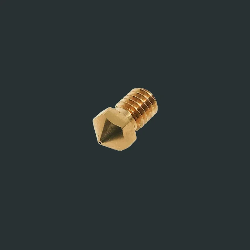 Golden nozzle part for the Intamsys Funmat Pro 410 3D printer, shown against a dark background, displaying its detailed threading and tip design.