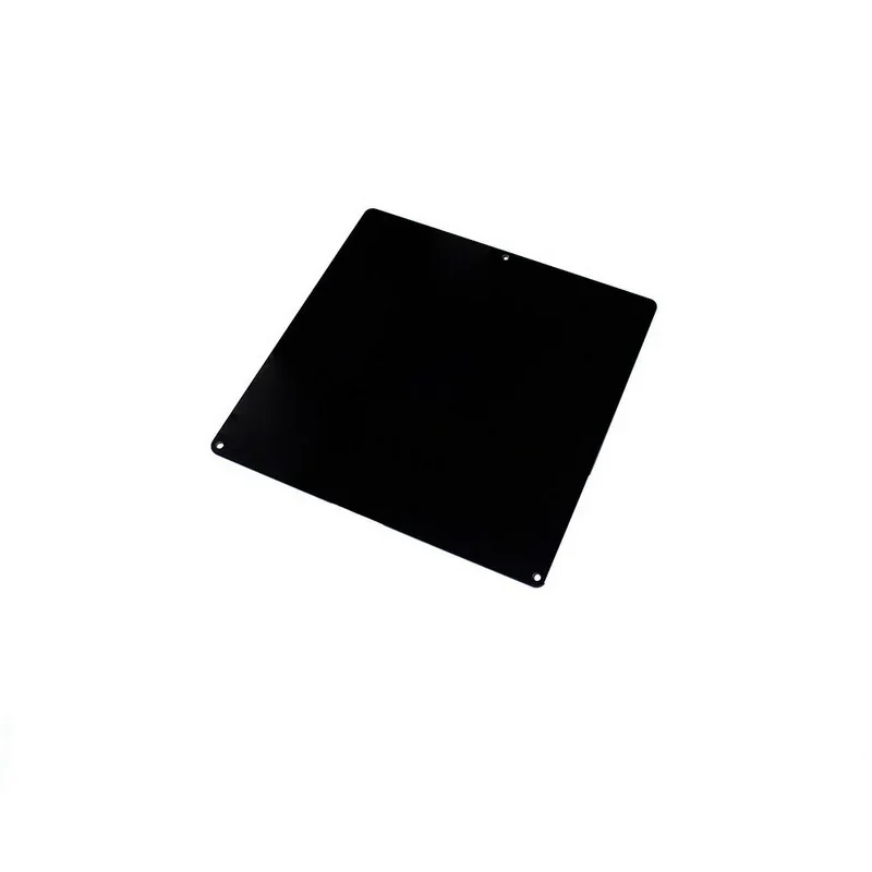 Black build plate for intamsys funmat pro 410 on white background, showcasing smooth surface, intended for 3D printing use.