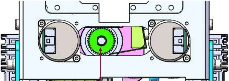 Technical illustration of the intamsys funmat pro 410's gear mechanism with highlighted parts in green and pink, indicating internal components.