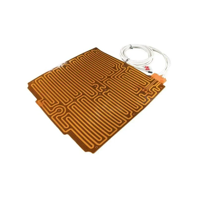 Heated bed with wired connectors for Intamsys Funmat Pro 410, featuring a complex orange circuit pattern on a rectangular surface.