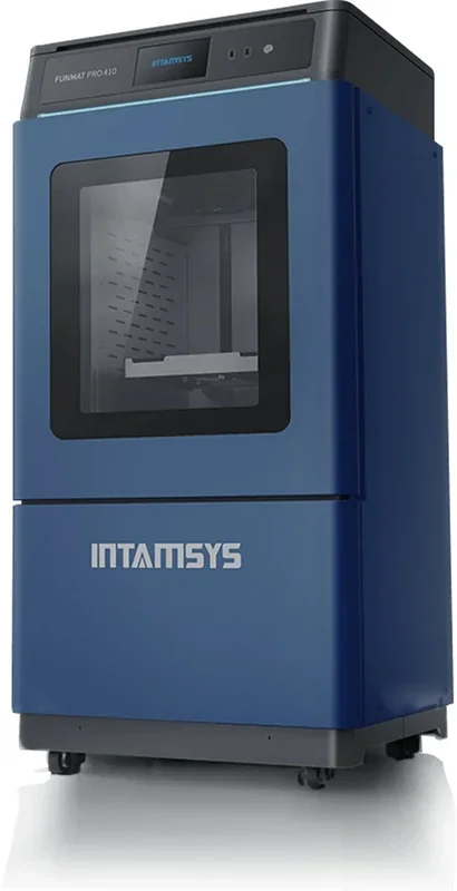 Intamsys Funmat Pro 410 3D printer, blue, with glass window, showcasing sleek design and professional-grade features for high-performance printing.