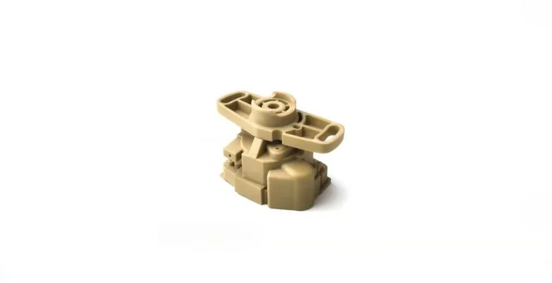 Beige 3D-printed industrial part by Intamsys Funmat Pro 410, featuring complex geometry, displayed on a plain white background.