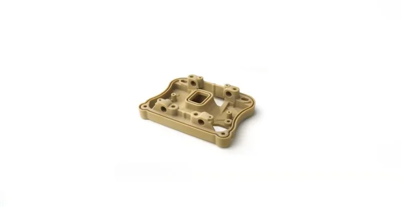Beige 3D-printed part by the Intamsys Funmat Pro 410 on a white background, showcasing precise detail and structure.