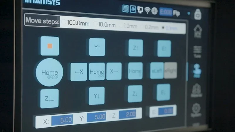 Intamsys Funmat Pro 610 HT control screen with navigation buttons and settings for precise 3D printing, showcasing its user interface.