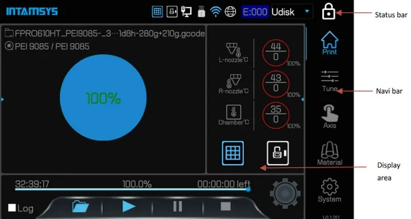 Intamsys Funmat Pro 610 HT display interface showing temperature readings, progress chart, and settings options for 3D printing management.