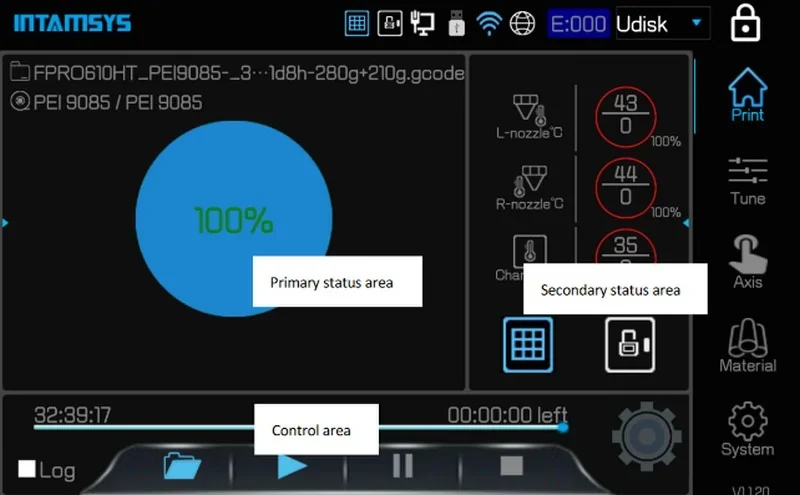 Intamsys Funmat Pro 610 HT control interface displaying status, temperature gauges, and print progress.