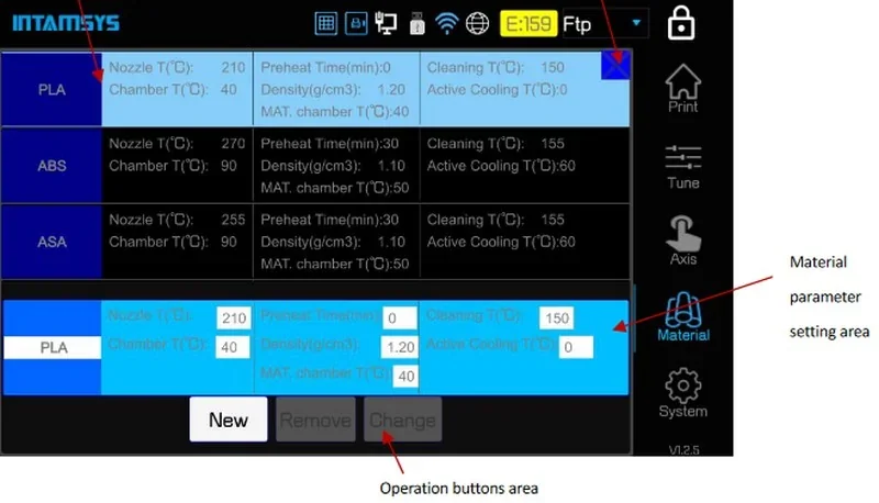 Intamsys Funmat Pro 610 HT interface showing material settings for PLA, ABS, ASA, with temperatures and density details, and control buttons for operation.