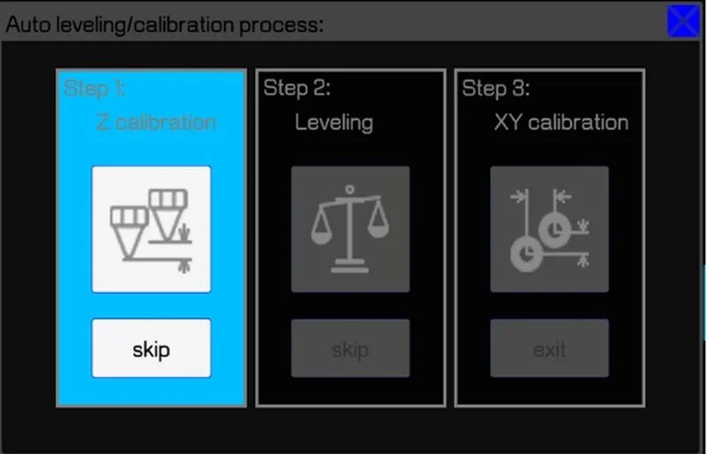 Display screen of the Intamsys Funmat Pro 610 HT showing auto leveling steps: Z calibration, leveling, XY calibration with options to skip or exit.
