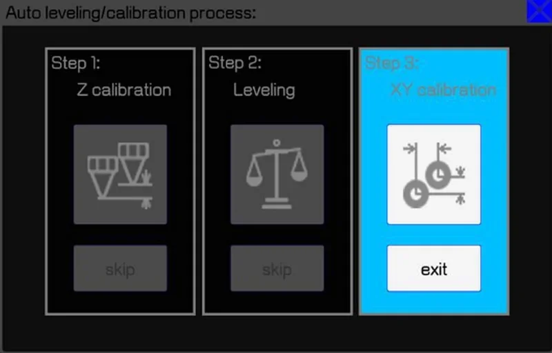 intamsys funmat pro 610 ht auto leveling screen showing Z calibration, leveling, and XY calibration steps with icons and an exit button.