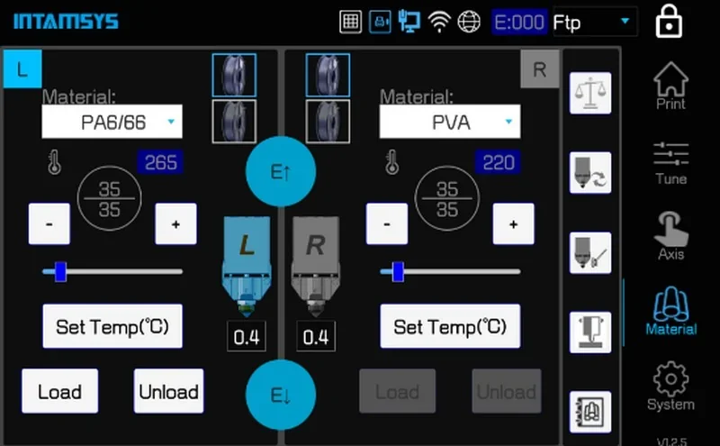 INTAMSYS FUNMAT PRO 610 HT control panel displaying material settings, temperatures for PA6/66 and PVA, extrusion details, and system controls.