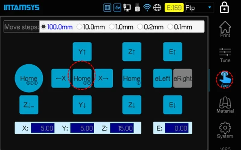 INTAMSYS Funmat Pro 610 HT touchscreen interface displaying axis controls, movement settings, and branding for precise 3D printing.