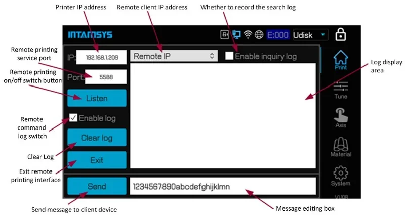 INTAMSYS Funmat Pro 610 HT interface showing network settings, message options, and log management tools, highlighting remote 3D printing features.