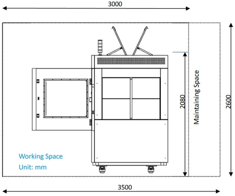 Diagram of Intamsys Funmat Pro 610 HT 3D printer with open door, working space dimensions in mm: 3000x3500x2600, technical layout view.