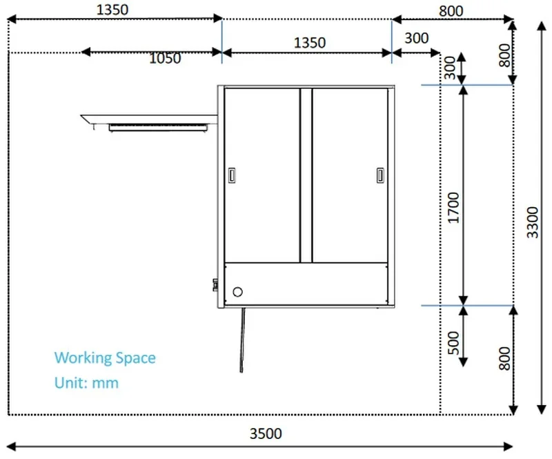 Intamsys Funmat Pro 610 HT working space diagram, showing detailed dimensions in millimeters for accurate printer setup and material handling.