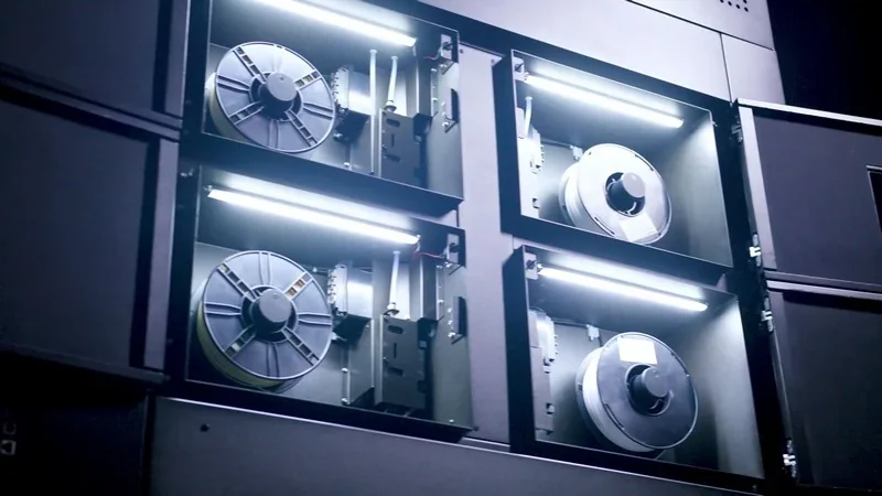 Intamsys Funmat Pro 610 HT 3D printer storage with four filament spools in lit compartments, showcasing advanced material setup.