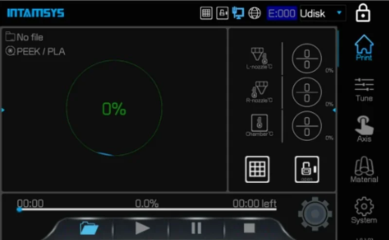 INTAMSYS Funmat Pro 610 HT interface with print and material options, showing PEEK/PLA settings, status at 0%, and control icons.
