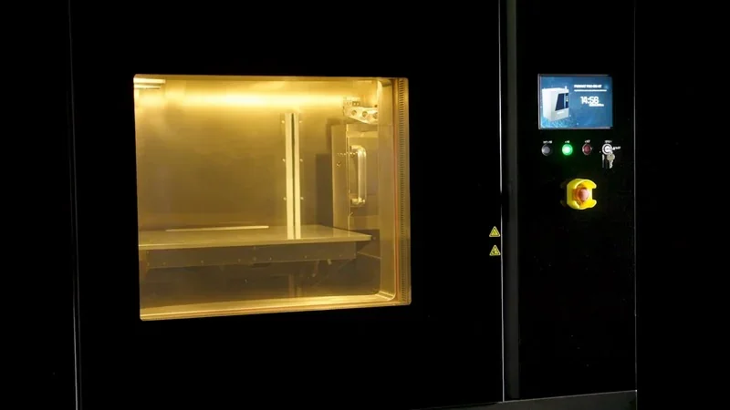 Intamsys Funmat Pro 610 HT 3D printer with a lit build chamber, touchscreen, and control buttons on a sleek black exterior.