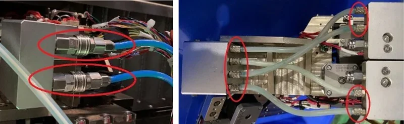 Intamsys Funmat Pro 610 HT internal components with blue and clear tubing connections, showcasing technical wiring details for 3D printing.