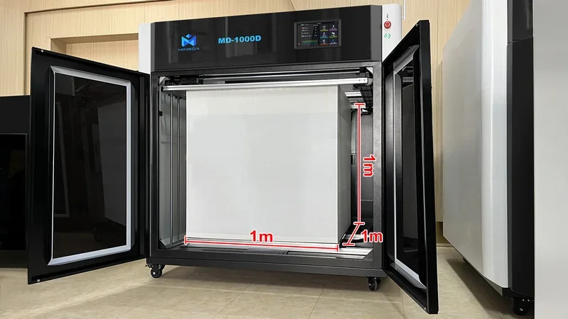 Mingda MD-1000D 3D printer with open chamber, 1m x 1m x 1m build space, digital display, and logo in an industrial setting.