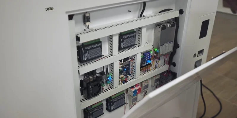 Mingda MD-1000D 3D printer interior, showcasing its advanced circuitry and components with organized wiring and illuminated indicators.
