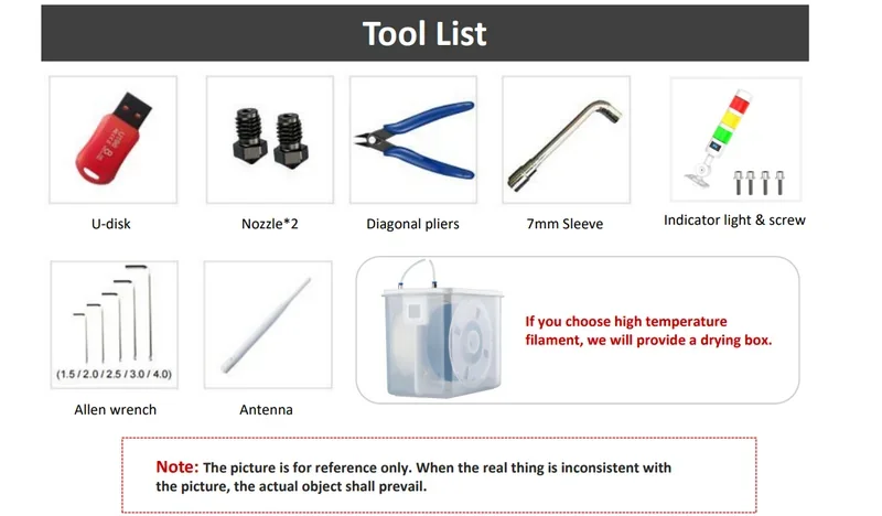 Tool list for mingda md-1000d includes U-disk, nozzles, pliers, 7mm sleeve, light indicator, wrenches, antenna, drying box option for high-temp filament.