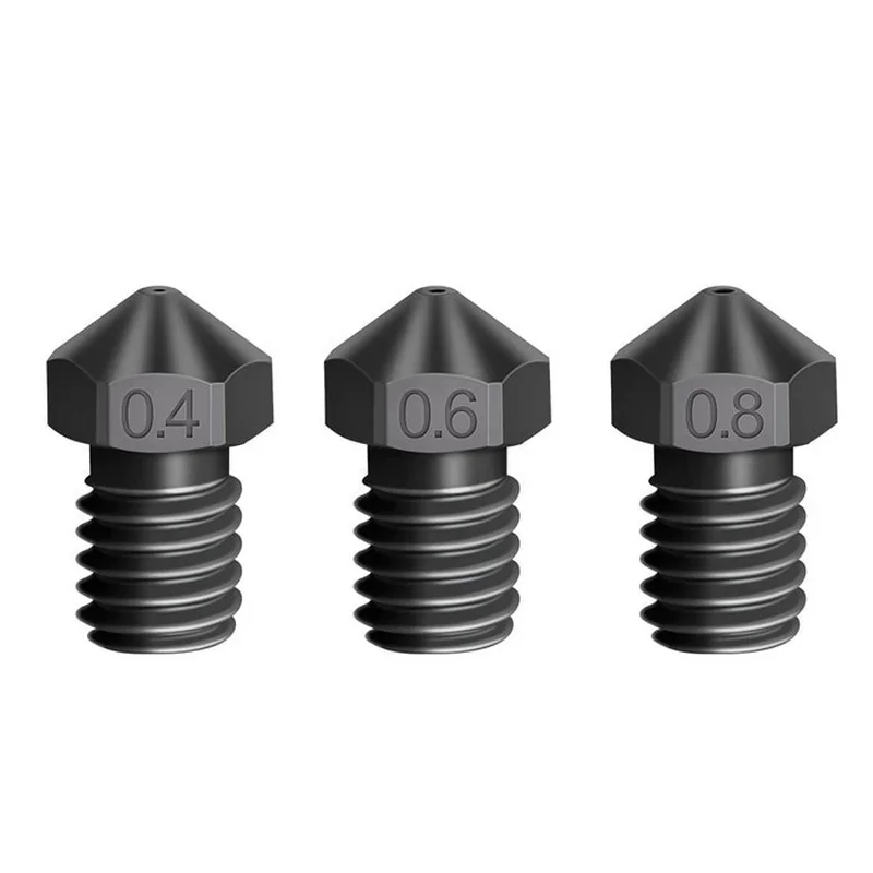 Three black nozzle samples, sizes 0.4, 0.6, 0.8 from mingda md-1000d 3D printer, showcasing precision and variety in filament extrusion.