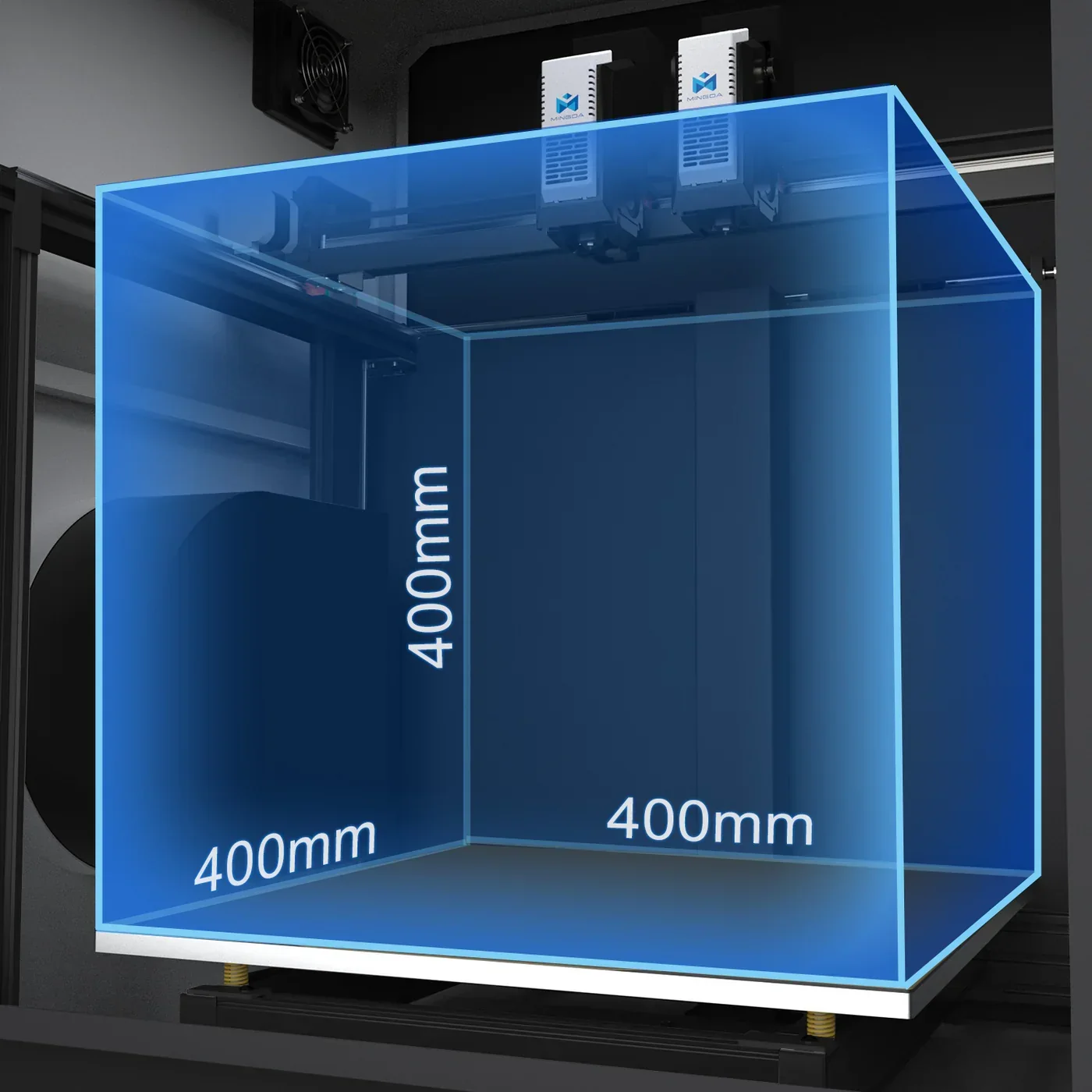 Mingda MD-400D 3D printer with an illuminated 400x400x400mm build volume, showcasing precision and capacity in a sleek, modern design.