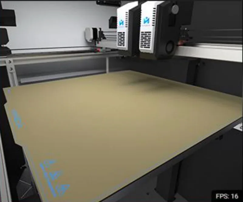 Mingda MD-400D 3D printer with dual extruders, beige print bed, and visible branding in a well-lit, industrial setting.