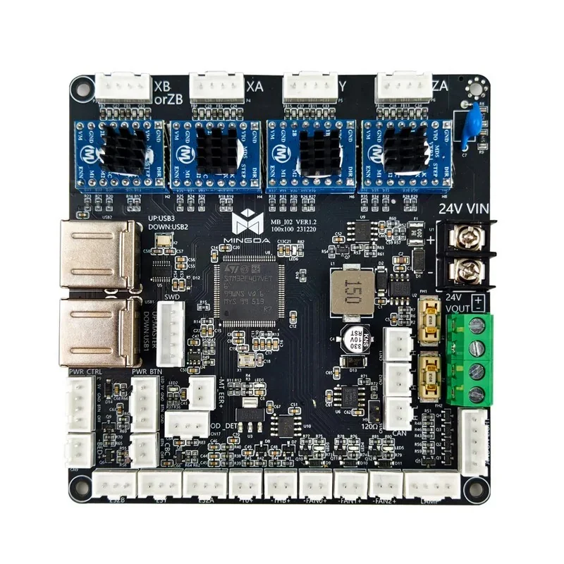 Mingda MD-400D 3D printer mainboard with USB ports, connectors, and branded components, showcasing advanced circuitry and technical layout.