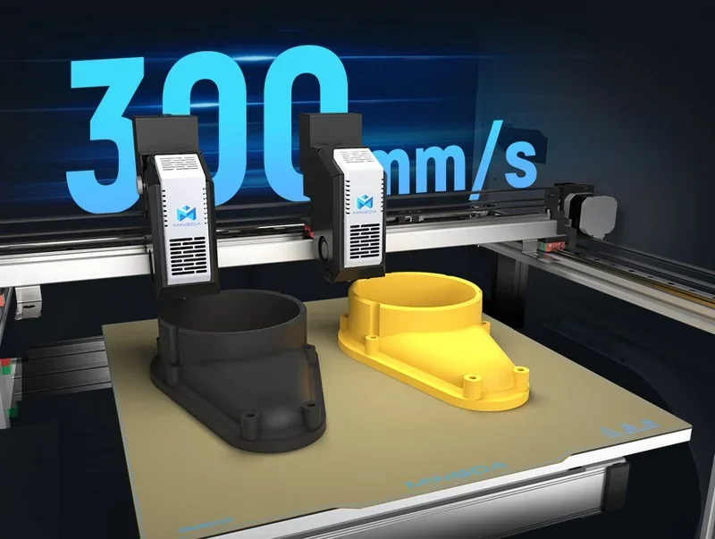 MINGDA MD-400D 3D printer showcasing black and yellow parts, highlighting 300mm/s speed.