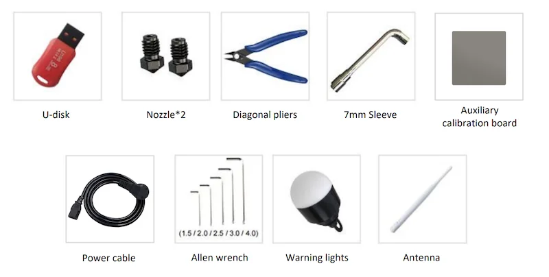 Accessories for the Mingda MD-400D: USB drive, nozzles, pliers, sleeve, calibration board, power cable, Allen wrenches, warning light, antenna.