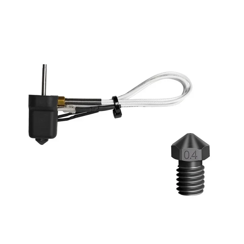 Mingda MD-400D component featuring a black extruder assembly with white tubing and a separate 0.4 mm nozzle, essential for precision 3D printing.