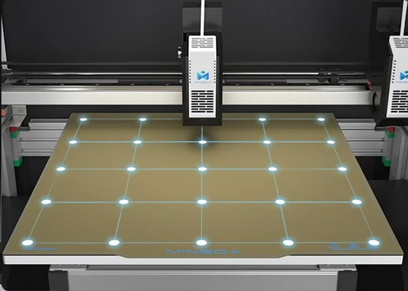 Mingda MD-400D 3D printer features a large, illuminated grid build plate, dual extruders, and branded logo, showcasing precision and technology.