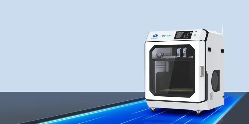 Mingda MD-400D 3D printer with sleek design in a modern setting, showcasing its enclosed printing area and control panel, with visible branding.