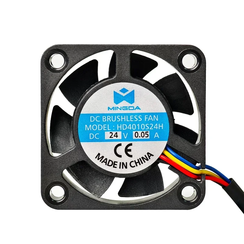 MINGDA branded DC brushless fan model HD4010S24H, part of the mingda md-400d, features voltage and current ratings, labeled with "MADE IN CHINA".