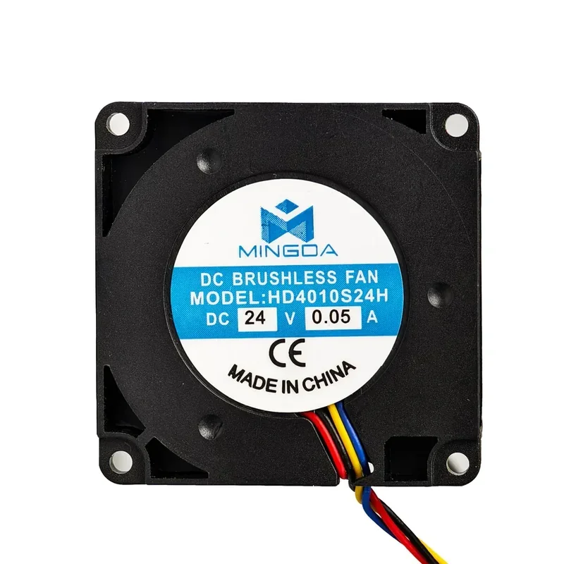 Mingda MD-400D DC brushless fan, model HD4010S24H, 24V, 0.05A, labeled "Made in China," with visible colored wires.