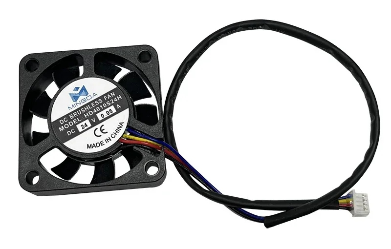 MINGDA MD-400D component, DC brushless fan with wiring and connector, labeled 24V, black color, showcasing branding and specifications, made in China.