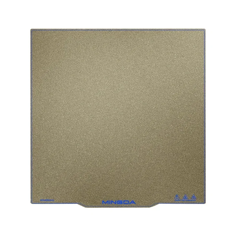 Mingda MD-400D textured build plate with Mingda logo at the bottom, beige surface, blue branding accents, used for 3D printing with stability and adhesion.