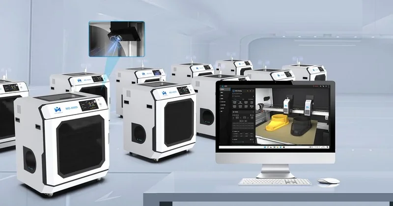 Mingda MD-400D 3D printers in a modern lab setting, showing printed parts on a computer screen, highlighting precision and commercial use.