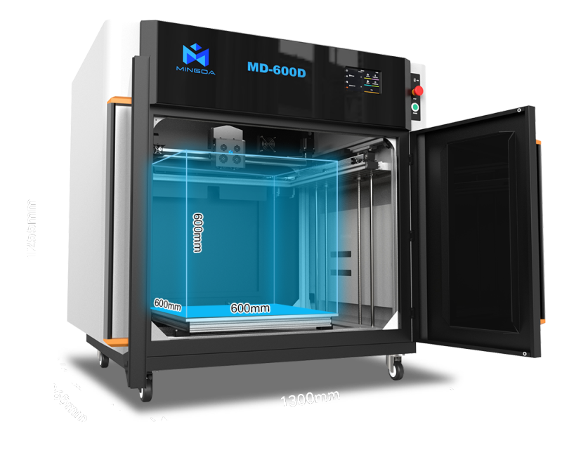 Mingda MD-600D 3D printer displaying 600x600x600mm build area, with door open, highlighting its large-scale printing capabilities and branding.